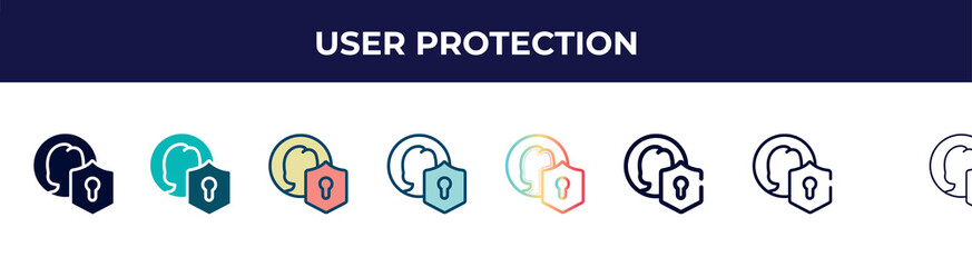 Poster - user protection icon in 8 styles. line, filled, glyph, thin outline, colorful, stroke and gradient styles, user protection vector sign. symbol, logo illustration. different style icons set.