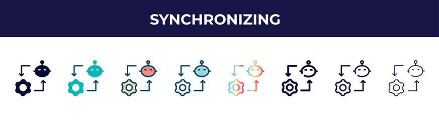 Poster - synchronizing icon in 8 styles. line, filled, glyph, thin outline, colorful, stroke and gradient styles, synchronizing vector sign. symbol, logo illustration. different style icons set.