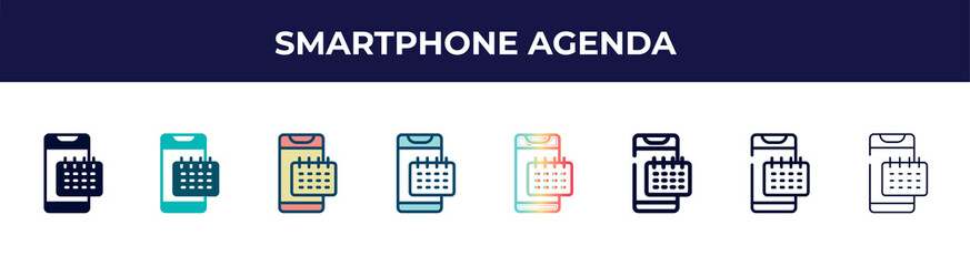 Poster - smartphone agenda icon in 8 styles. line, filled, glyph, thin outline, colorful, stroke and gradient styles, smartphone agenda vector sign. symbol, logo illustration. different style icons set.
