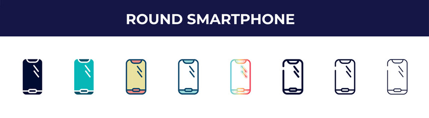 Poster - round smartphone icon in 8 styles. line, filled, glyph, thin outline, colorful, stroke and gradient styles, round smartphone vector sign. symbol, logo illustration. different style icons set.