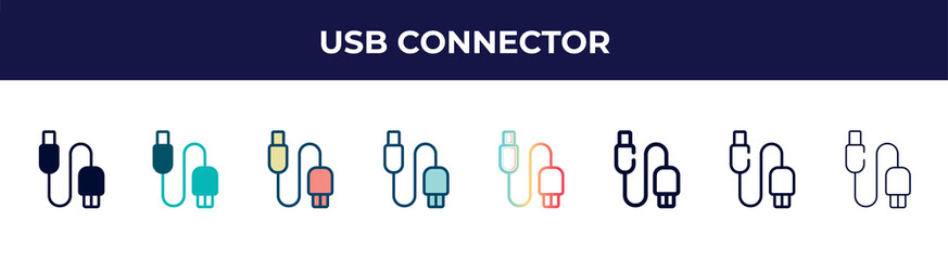 Poster - usb connector icon in 8 styles. line, filled, glyph, thin outline, colorful, stroke and gradient styles, usb connector vector sign. symbol, logo illustration. different style icons set.