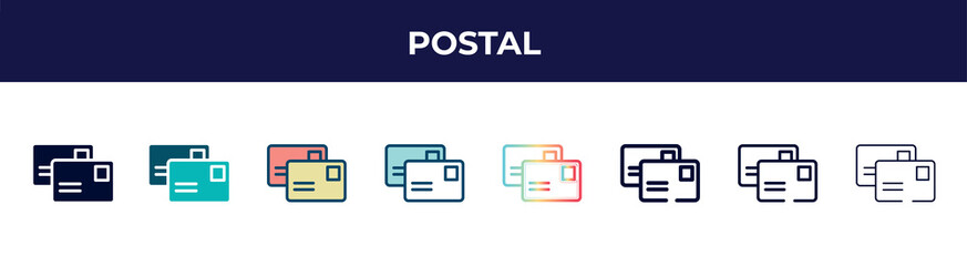 postal icon in 8 styles. line, filled, glyph, thin outline, colorful, stroke and gradient styles, postal vector sign. symbol, logo illustration. different style icons set.