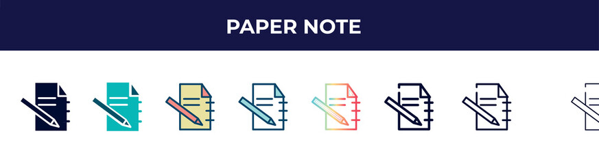 Poster - paper note icon in 8 styles. line, filled, glyph, thin outline, colorful, stroke and gradient styles, paper note vector sign. symbol, logo illustration. different style icons set.