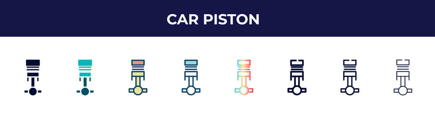 car piston icon in 8 styles. line, filled, glyph, thin outline, colorful, stroke and gradient styles, car piston vector sign. symbol, logo illustration. different style icons set.