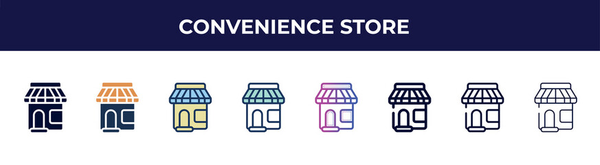Poster - convenience store icon in 8 styles. line, filled, glyph, thin outline, colorful, stroke and gradient styles, convenience store vector sign. symbol, logo illustration. different style icons set.