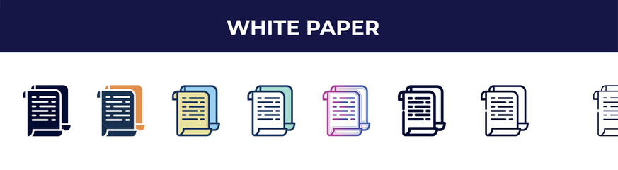 Poster - white paper icon in 8 styles. line, filled, glyph, thin outline, colorful, stroke and gradient styles, white paper vector sign. symbol, logo illustration. different style icons set.