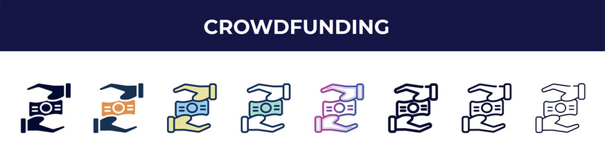 Poster - crowdfunding icon in 8 styles. line, filled, glyph, thin outline, colorful, stroke and gradient styles, crowdfunding vector sign. symbol, logo illustration. different style icons set.