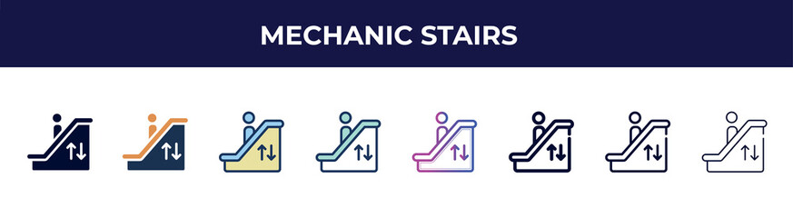 Poster - mechanic stairs icon in 8 styles. line, filled, glyph, thin outline, colorful, stroke and gradient styles, mechanic stairs vector sign. symbol, logo illustration. different style icons set.