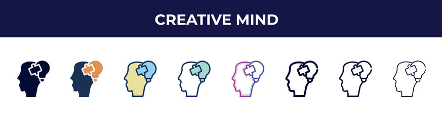 Poster - creative mind icon in 8 styles. line, filled, glyph, thin outline, colorful, stroke and gradient styles, creative mind vector sign. symbol, logo illustration. different style icons set.