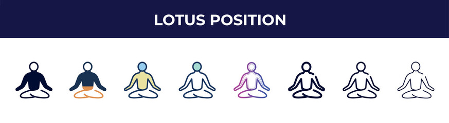 Poster - lotus position icon in 8 styles. line, filled, glyph, thin outline, colorful, stroke and gradient styles, lotus position vector sign. symbol, logo illustration. different style icons set.