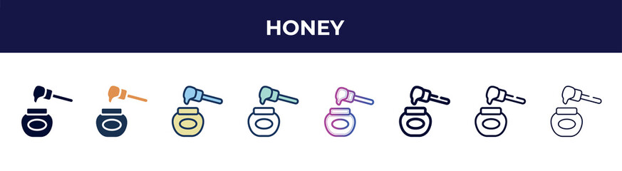 honey icon in 8 styles. line, filled, glyph, thin outline, colorful, stroke and gradient styles, honey vector sign. symbol, logo illustration. different style icons set.