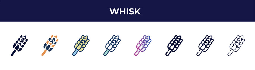 Poster - whisk icon in 8 styles. line, filled, glyph, thin outline, colorful, stroke and gradient styles, whisk vector sign. symbol, logo illustration. different style icons set.