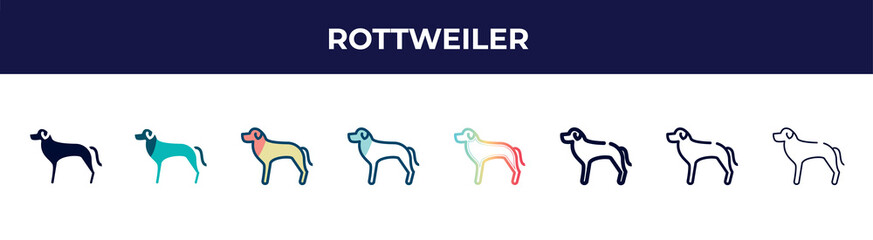 rottweiler icon in 8 styles. line, filled, glyph, thin outline, colorful, stroke and gradient styles, rottweiler vector sign. symbol, logo illustration. different style icons set.