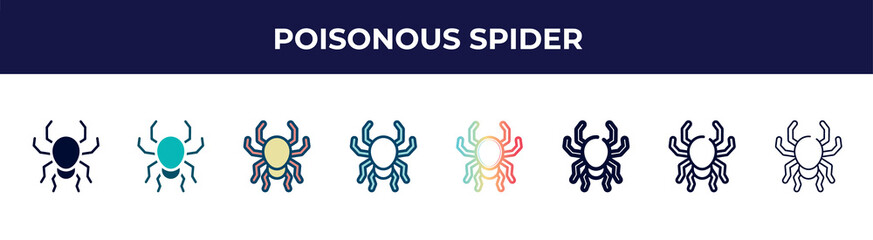 poisonous spider icon in 8 styles. line, filled, glyph, thin outline, colorful, stroke and gradient styles, poisonous spider vector sign. symbol, logo illustration. different style icons set.