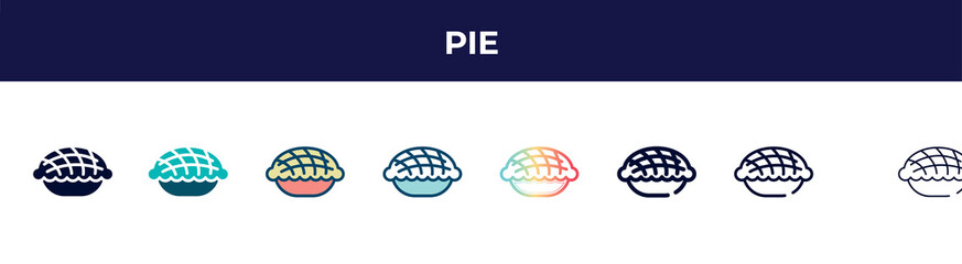 Poster - pie icon in 8 styles. line, filled, glyph, thin outline, colorful, stroke and gradient styles, pie vector sign. symbol, logo illustration. different style icons set.