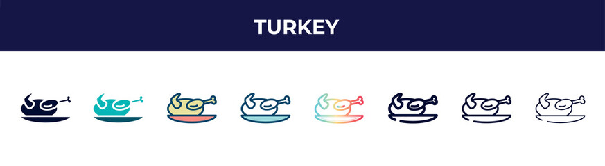 Poster - turkey icon in 8 styles. line, filled, glyph, thin outline, colorful, stroke and gradient styles, turkey vector sign. symbol, logo illustration. different style icons set.