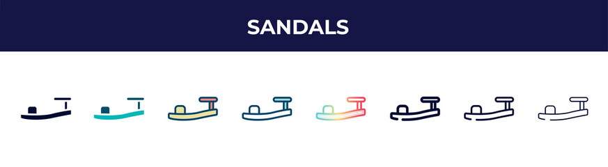 Poster - sandals icon in 8 styles. line, filled, glyph, thin outline, colorful, stroke and gradient styles, sandals vector sign. symbol, logo illustration. different style icons set.