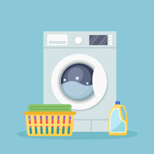 Laundry Room With Washing Machine, Detergent And Plastic Basket With Clean Linen. Vector Illustration