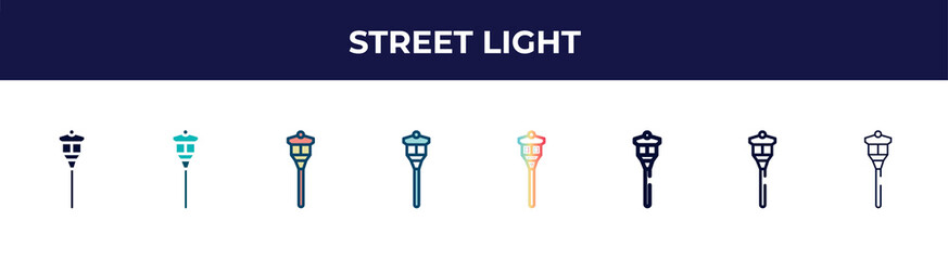 Poster - street light icon in 8 styles. line, filled, glyph, thin outline, colorful, stroke and gradient styles, street light vector sign. symbol, logo illustration. different style icons set.