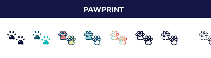 pawprint icon in 8 styles. line, filled, glyph, thin outline, colorful, stroke and gradient styles, pawprint vector sign. symbol, logo illustration. different style icons set.