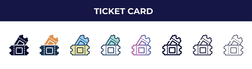Aufkleber - ticket card icon in 8 styles. line, filled, glyph, thin outline, colorful, stroke and gradient styles, ticket card vector sign. symbol, logo illustration. different style icons set.