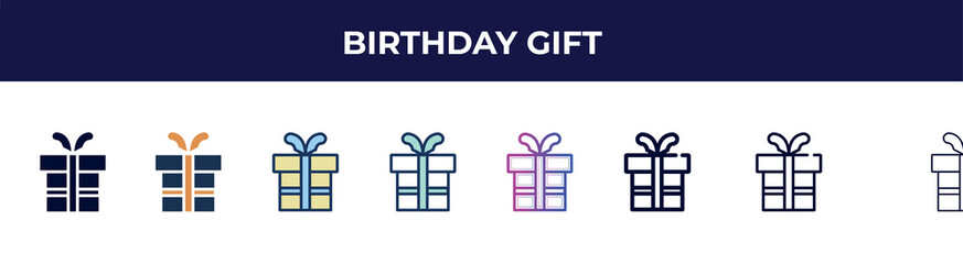 Poster - birthday gift icon in 8 styles. line, filled, glyph, thin outline, colorful, stroke and gradient styles, birthday gift vector sign. symbol, logo illustration. different style icons set.