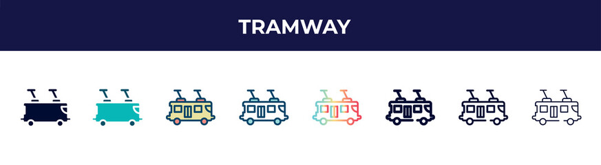 Poster - tramway icon in 8 styles. line, filled, glyph, thin outline, colorful, stroke and gradient styles, tramway vector sign. symbol, logo illustration. different style icons set.