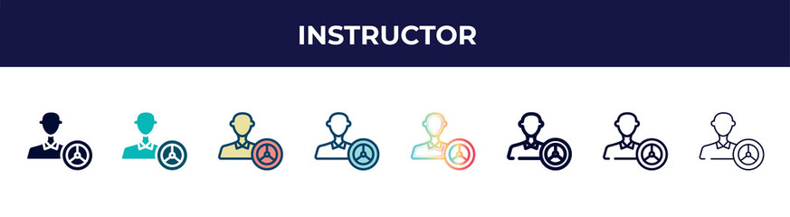 Poster - instructor icon in 8 styles. line, filled, glyph, thin outline, colorful, stroke and gradient styles, instructor vector sign. symbol, logo illustration. different style icons set.