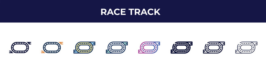 Poster - race track icon in 8 styles. line, filled, glyph, thin outline, colorful, stroke and gradient styles, race track vector sign. symbol, logo illustration. different style icons set.