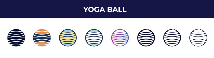 Poster - yoga ball icon in 8 styles. line, filled, glyph, thin outline, colorful, stroke and gradient styles, yoga ball vector sign. symbol, logo illustration. different style icons set.