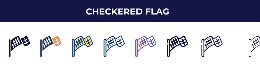 Poster - checkered flag icon in 8 styles. line, filled, glyph, thin outline, colorful, stroke and gradient styles, checkered flag vector sign. symbol, logo illustration. different style icons set.