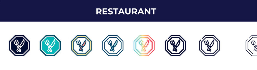 Aufkleber - restaurant icon in 8 styles. line, filled, glyph, thin outline, colorful, stroke and gradient styles, restaurant vector sign. symbol, logo illustration. different style icons set.