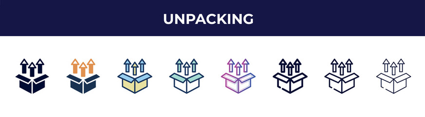 Poster - unpacking icon in 8 styles. line, filled, glyph, thin outline, colorful, stroke and gradient styles, unpacking vector sign. symbol, logo illustration. different style icons set.