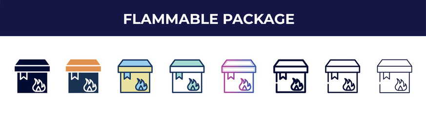 Poster - flammable package icon in 8 styles. line, filled, glyph, thin outline, colorful, stroke and gradient styles, flammable package vector sign. symbol, logo illustration. different style icons set.
