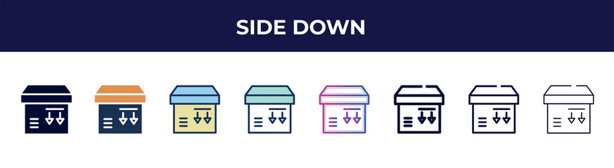 Poster - side down icon in 8 styles. line, filled, glyph, thin outline, colorful, stroke and gradient styles, side down vector sign. symbol, logo illustration. different style icons set.