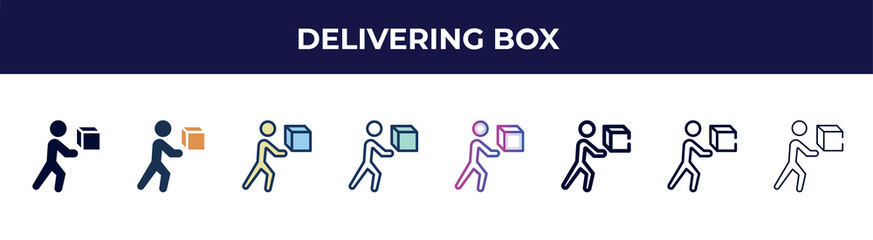 Poster - delivering box icon in 8 styles. line, filled, glyph, thin outline, colorful, stroke and gradient styles, delivering box vector sign. symbol, logo illustration. different style icons set.
