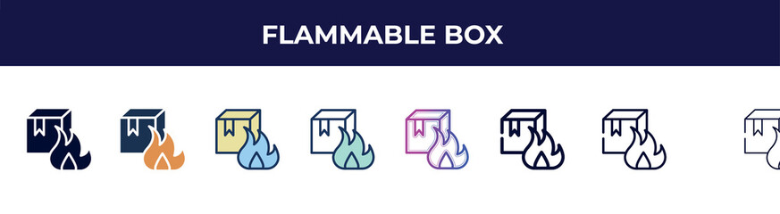 Poster - flammable box icon in 8 styles. line, filled, glyph, thin outline, colorful, stroke and gradient styles, flammable box vector sign. symbol, logo illustration. different style icons set.
