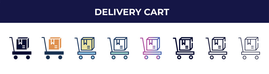 Poster - delivery cart icon in 8 styles. line, filled, glyph, thin outline, colorful, stroke and gradient styles, delivery cart vector sign. symbol, logo illustration. different style icons set.