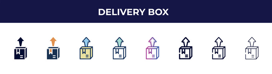 Poster - delivery box icon in 8 styles. line, filled, glyph, thin outline, colorful, stroke and gradient styles, delivery box vector sign. symbol, logo illustration. different style icons set.