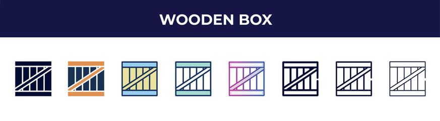 Poster - wooden box icon in 8 styles. line, filled, glyph, thin outline, colorful, stroke and gradient styles, wooden box vector sign. symbol, logo illustration. different style icons set.