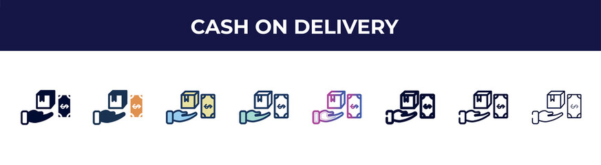 Poster - cash on delivery icon in 8 styles. line, filled, glyph, thin outline, colorful, stroke and gradient styles, cash on delivery vector sign. symbol, logo illustration. different style icons set.