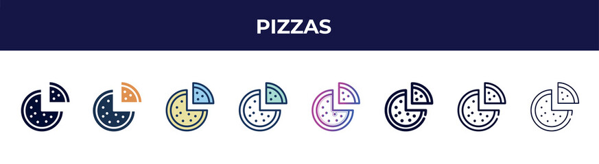 pizzas icon in 8 styles. line, filled, glyph, thin outline, colorful, stroke and gradient styles, pizzas vector sign. symbol, logo illustration. different style icons set.