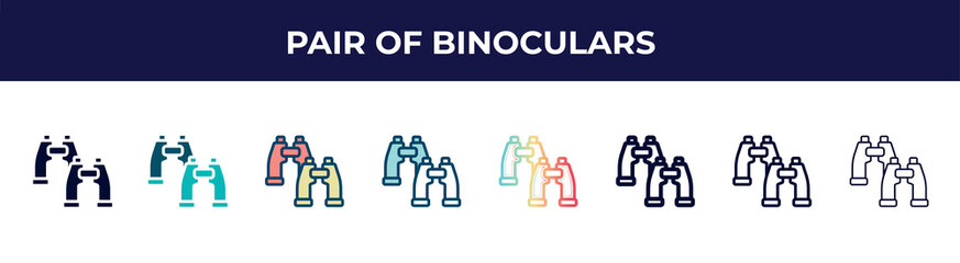 Poster - pair of binoculars icon in 8 styles. line, filled, glyph, thin outline, colorful, stroke and gradient styles, pair of binoculars vector sign. symbol, logo illustration. different style icons set.