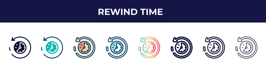 Poster - rewind time icon in 8 styles. line, filled, glyph, thin outline, colorful, stroke and gradient styles, rewind time vector sign. symbol, logo illustration. different style icons set.