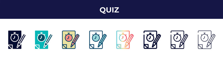 Poster - quiz icon in 8 styles. line, filled, glyph, thin outline, colorful, stroke and gradient styles, quiz vector sign. symbol, logo illustration. different style icons set.