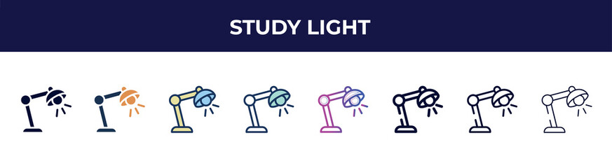 Poster - study light icon in 8 styles. line, filled, glyph, thin outline, colorful, stroke and gradient styles, study light vector sign. symbol, logo illustration. different style icons set.