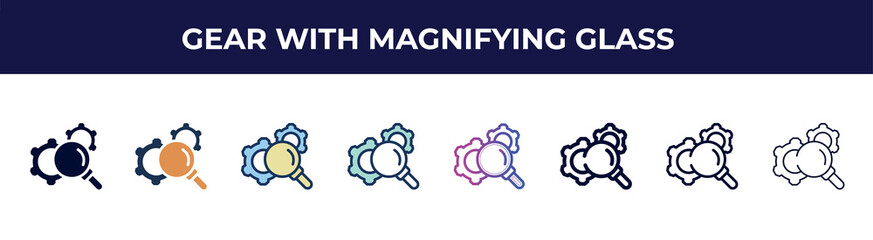 Poster - gear with magnifying glass icon in 8 styles. line, filled, glyph, thin outline, colorful, stroke and gradient styles, gear with magnifying glass vector sign. symbol, logo illustration. different
