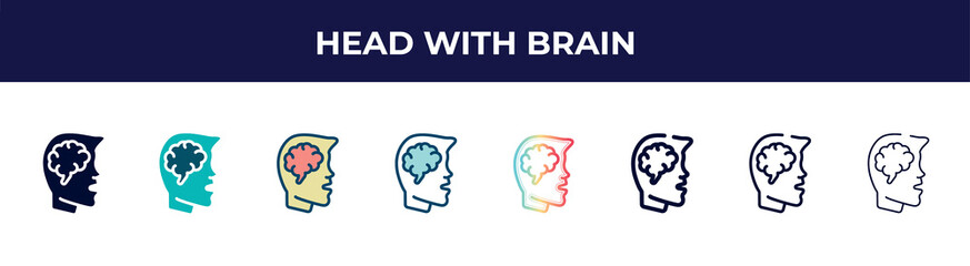 Poster - head with brain icon in 8 styles. line, filled, glyph, thin outline, colorful, stroke and gradient styles, head with brain vector sign. symbol, logo illustration. different style icons set.