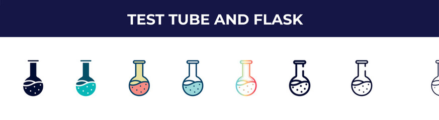 Poster - test tube and flask icon in 8 styles. line, filled, glyph, thin outline, colorful, stroke and gradient styles, test tube and flask vector sign. symbol, logo illustration. different style icons set.