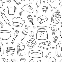 Seamless pattern of baking doodle. Cooking elements: mixer, butter, flour, spoon, whisk in sketch style.  Hand drawn vector illustration isolated on white background.